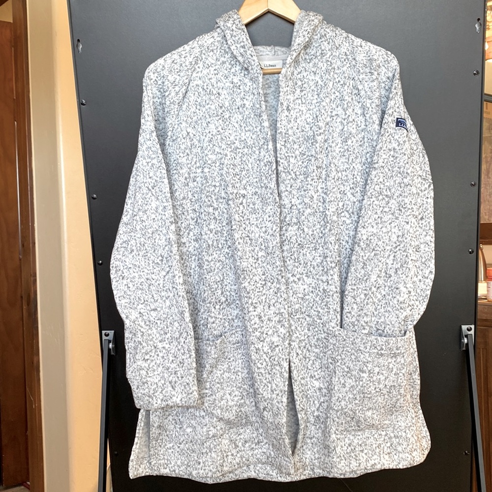 LL Bean long cardigan, fleece material, heather grey.